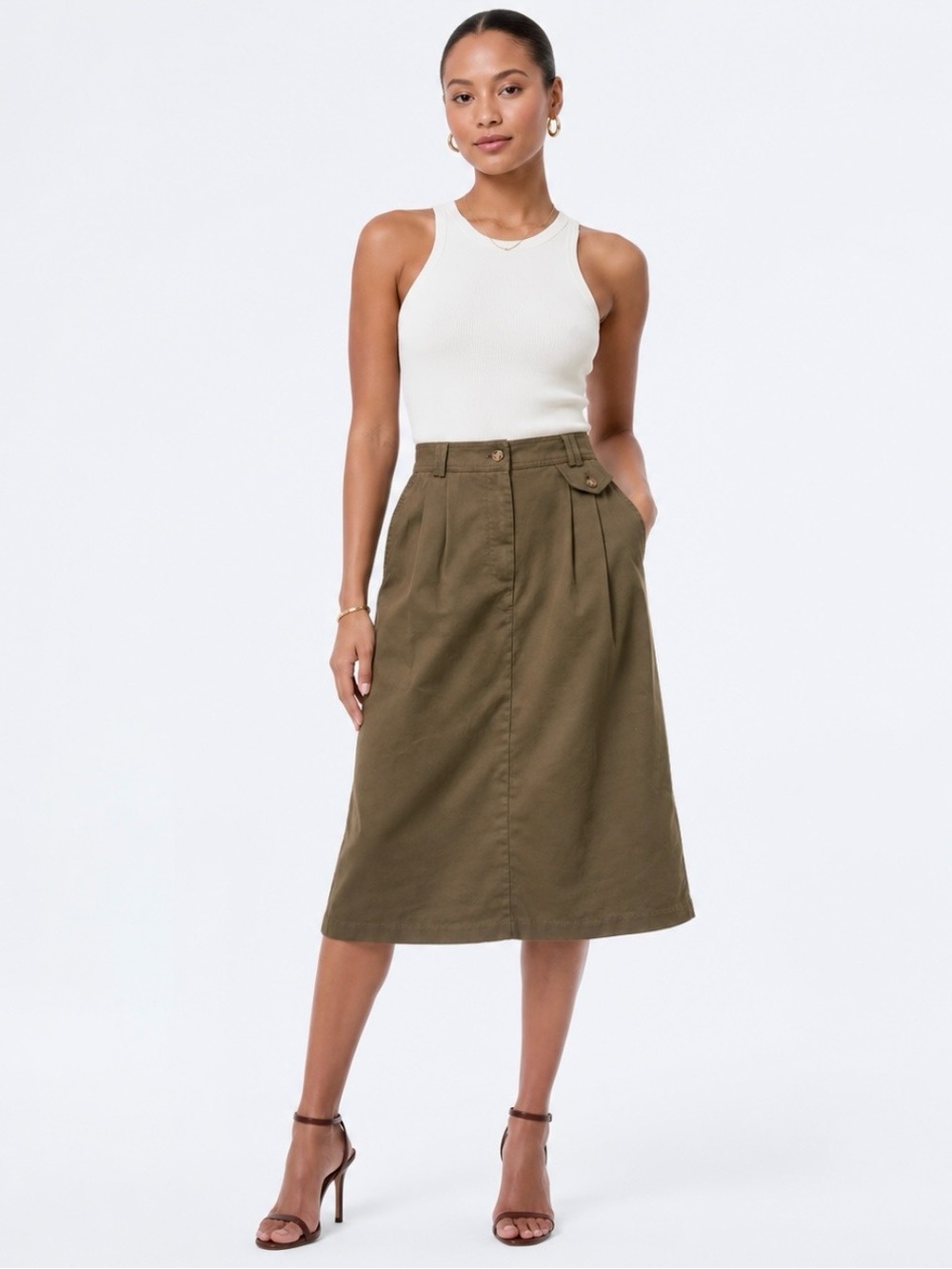 Vintage 90s Baxter & Wells Olive Utility Midi Skirt